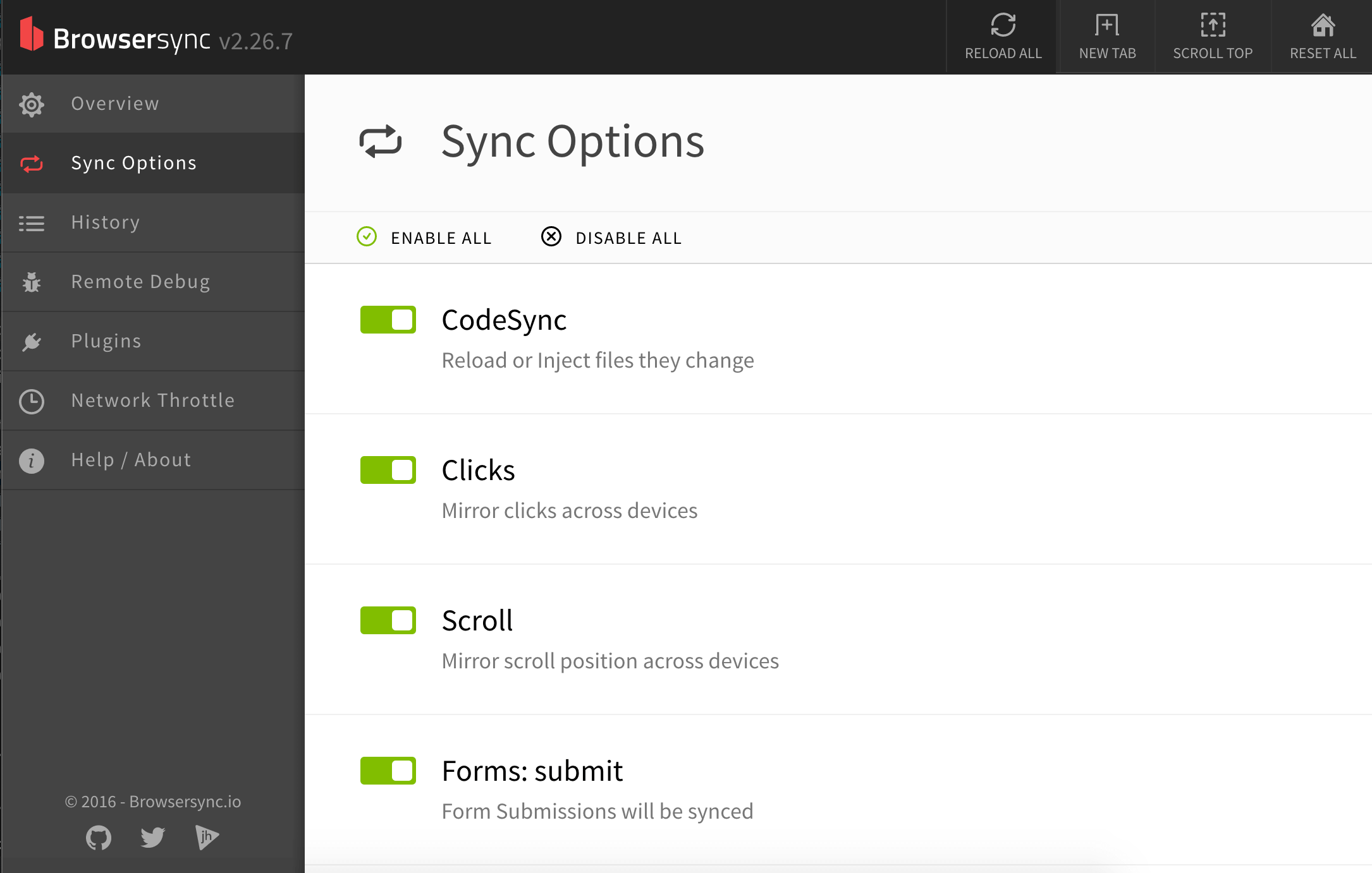 Browsersyncの設定画面